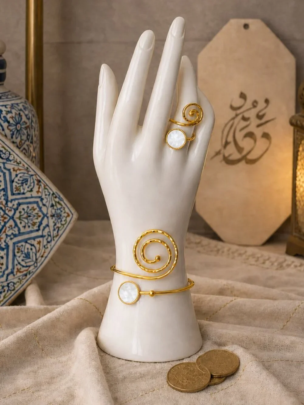 Turkish Artisanal 18K Gold Plated Spiral Set MOP Ring and Bracelet Boho